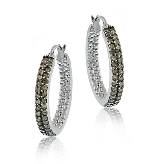 Sterling Silver 3/4 ct. TDW Champagne Diamond Two Row Hoop Earrings