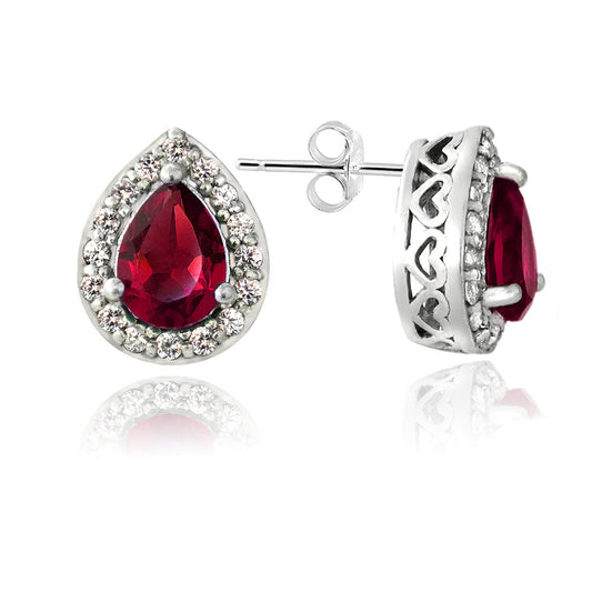 Sterling Silver Created Ruby & White Sapphire Teardrop Stud Earrings