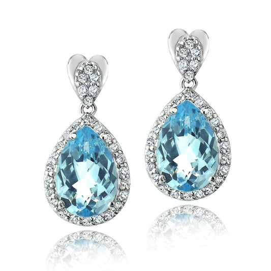 Silver Tone 7.5ct Blue Topaz & CZ Teardrop Dangle Earrings