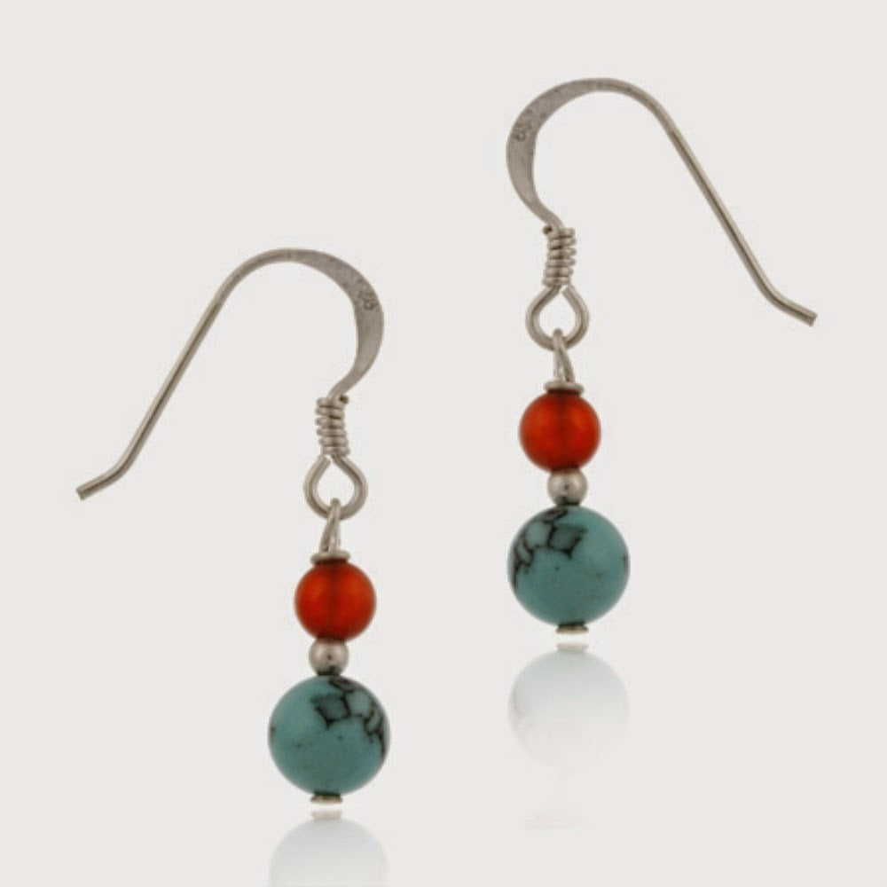 Sterling Silver Turquoise & Carnelian Bead Dangle Earrings