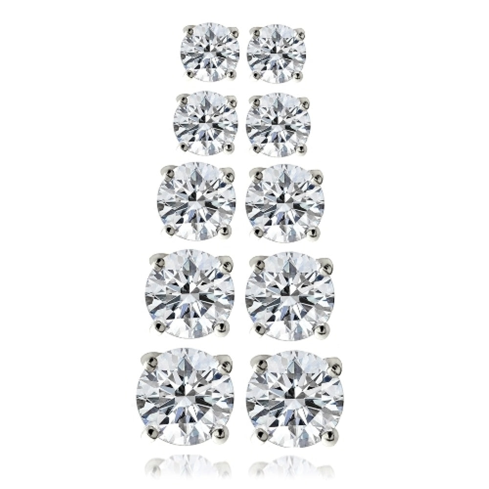 Silver Tone 5.9ct CZ Round Stud Earrings, Set of 5