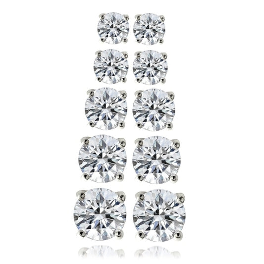 Silver Tone 5.9ct CZ Round Stud Earrings, Set of 5