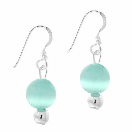 Sterling Silver 6mm Teal Cats Eye Bead Dangle Earrings