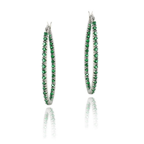 Sterling Silver 2ct Created Emerald 33mm Oval Hoop Earrings