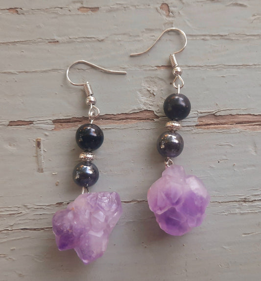 Amethyst Shungite Hematite Earrings Chunky