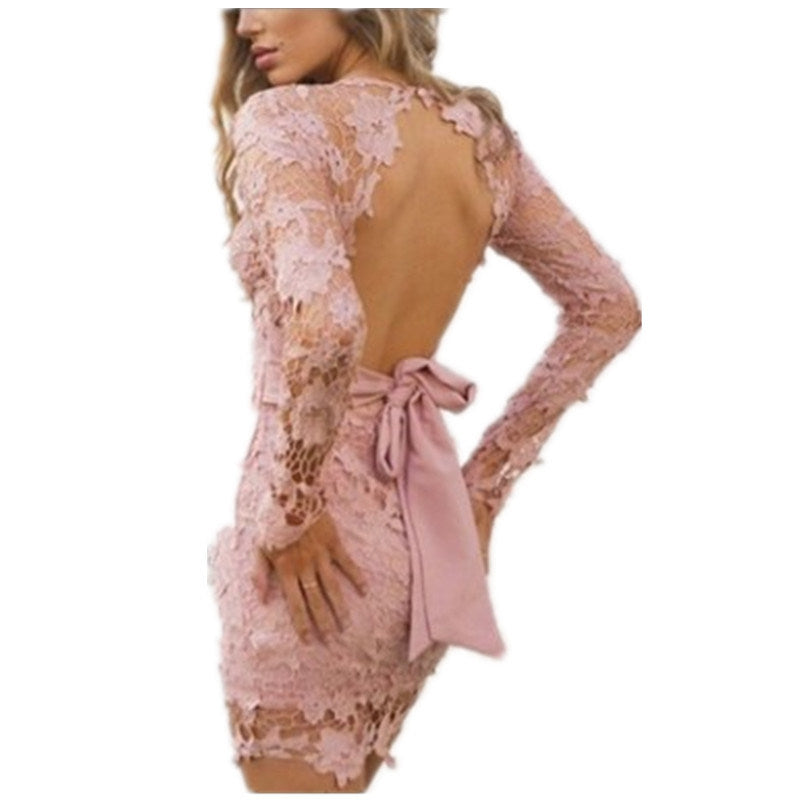 Women Fashion Hollow Lace Backless Dress Sexy Deep V-neck Party Dresses Halter Dress Spring Summer Lace Dress Package Hip Dress Sweety Tops