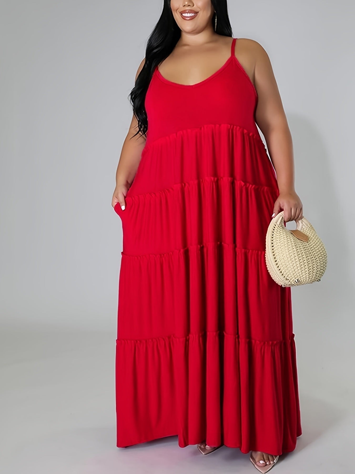 Plus Size Solid Layered Loose Fit Cami Maxi Dress; Women's Plus Sexy High Stretch Long Cami Dress