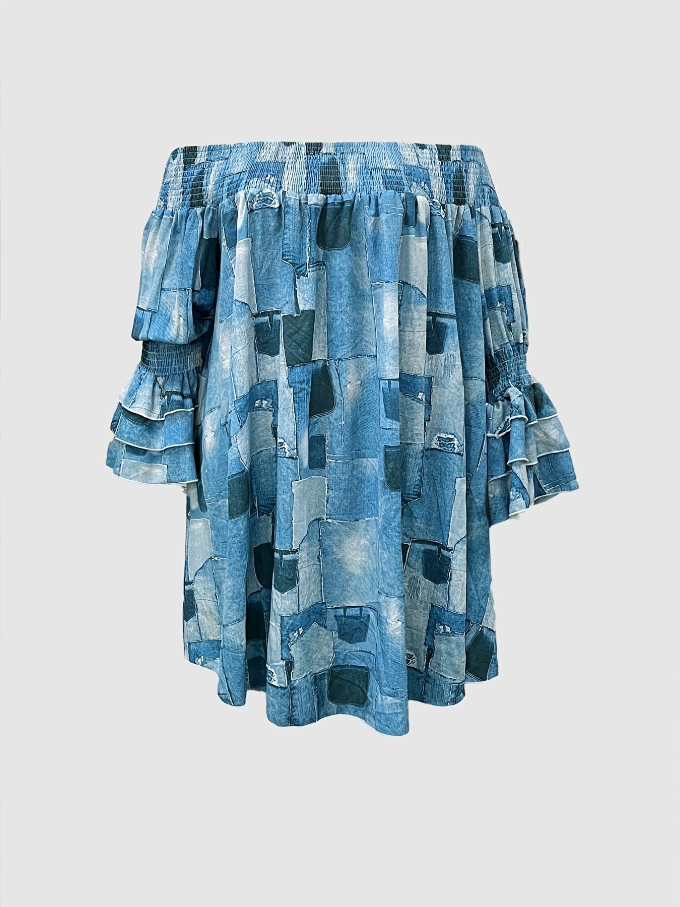 Plus Size Denim Print Off Shoulder Midi Dress; Women's Plus Casual Slight Stretch Loose Fit Midi Dress