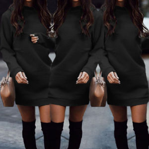 Women Casual Dress Long Sleeve Hoodie Winter Warm Thicken Jumper Sweater Dress Roll Pull