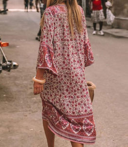 Spring and Summer Fashion V-neck Button-up Printed Dress Loose Cardigan Women's Dress