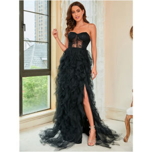 Women Evening Dress Trailing Ball Gown Plus Size S-5XL Sexy Tube Top Slit Hem Lace Tulle Dress Slim Fit Classic Black Red Spring Summer Autumn