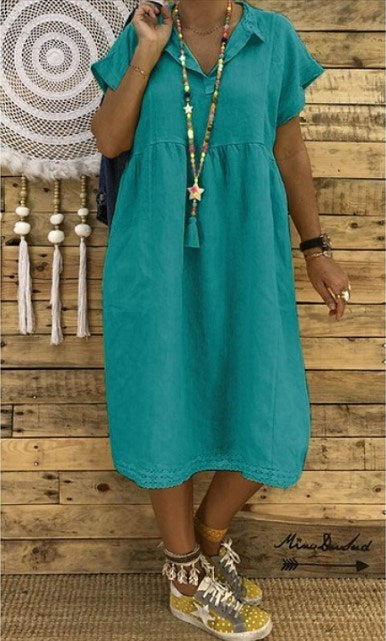 Summer Large Size Women's Loose Short-sleeved Solid Color Cotton and Linen Dress