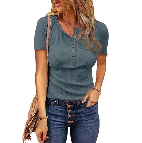 Short Sleeve V Neck Button Knit Tunic Henley Shirts