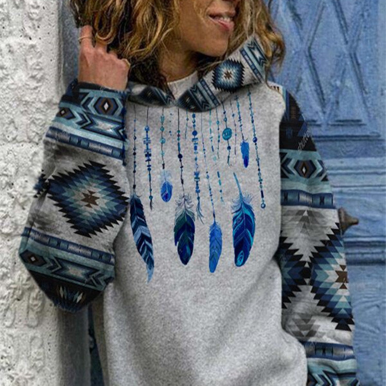 Autumn and winter women's new style hoodie ethnic feather printing casual hooded sweater