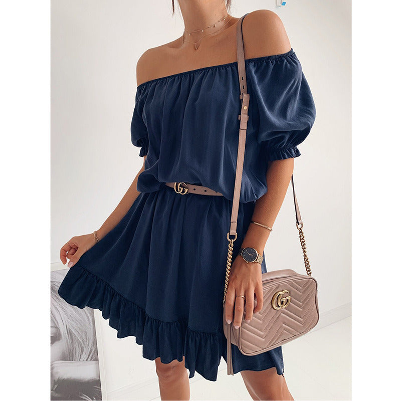 European and American Women's New Word Shoulder Waist Ruffle Dress