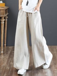 Solid Color Literary Cotton Linen Wide Leg Pants; Women's Trousers