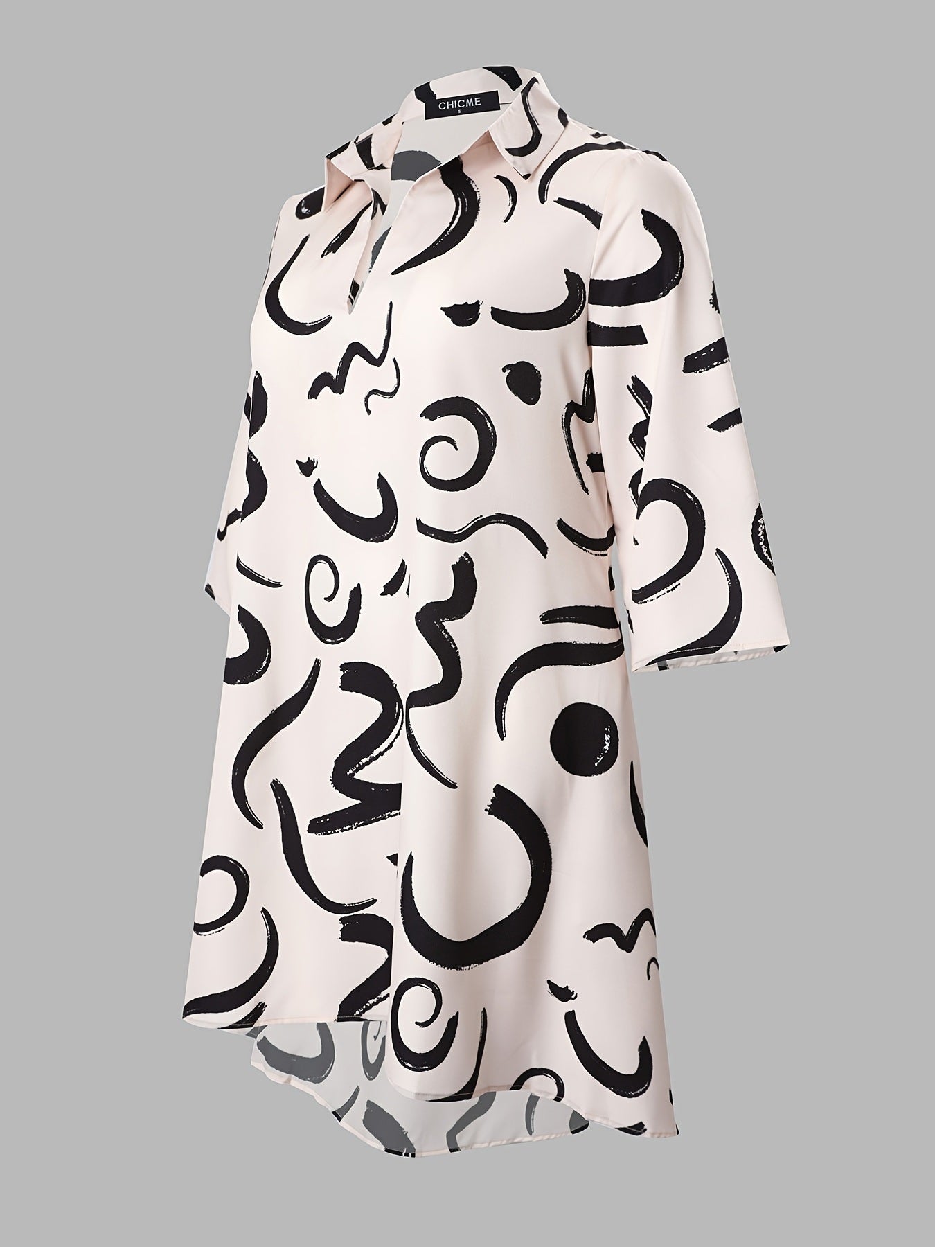 Plus Size Geometric Print V Neck Midi Dress; Women's Plus Slight Stretch Loose Fit Elegant Midi Dress