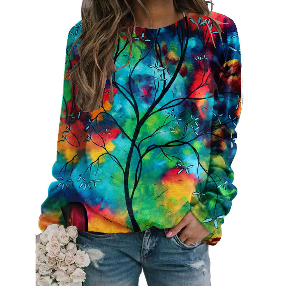 Women's Fall Winter New Hoodie Printed Round Neck Long Sleeve Loose Sweater