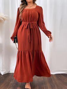 Plus Size Shirred Square Neck Lantern Sleeve Smock Maxi Dress; Women's Plus Solid Elegant Long Dress