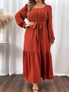 Plus Size Shirred Square Neck Lantern Sleeve Smock Maxi Dress; Women's Plus Solid Elegant Long Dress