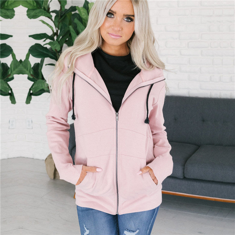 Women's Hooded Long Sleeve Full Zip Solid Knit Cardigan Sweater Pocket