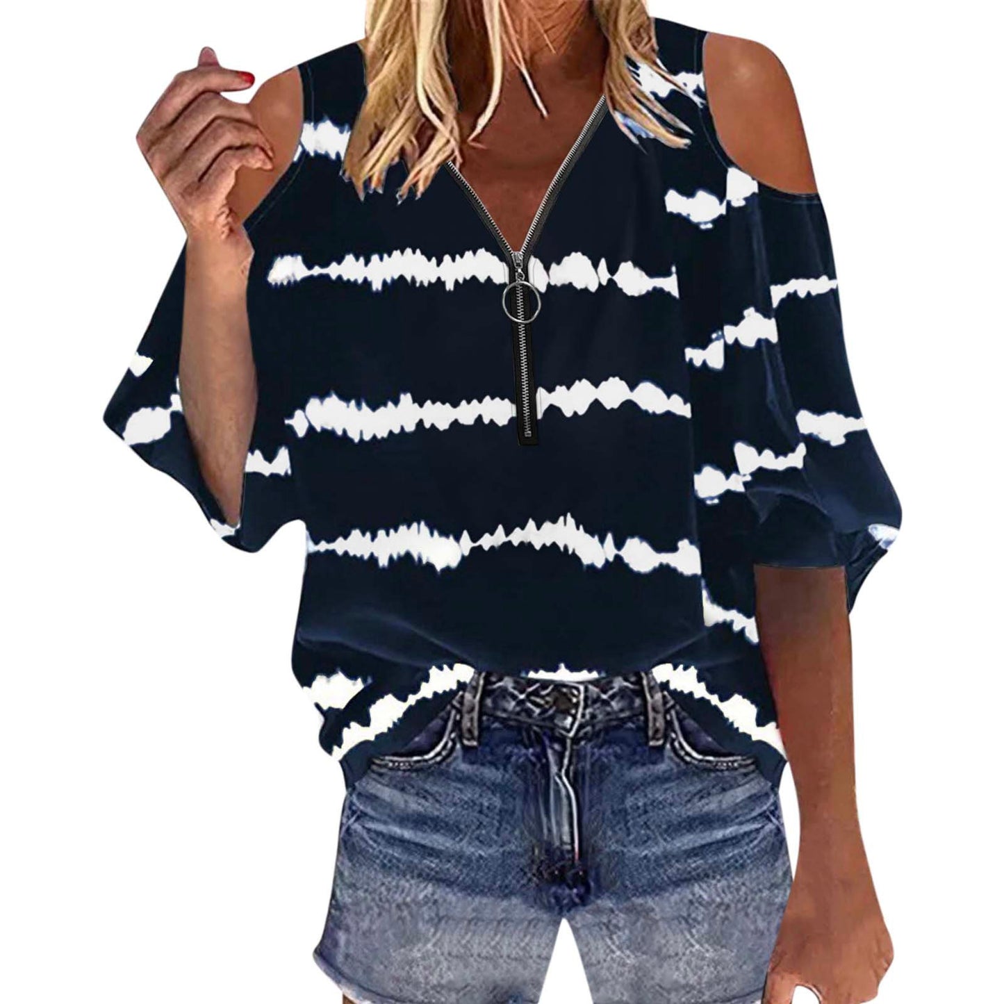 Elegant Off Shoulder Shirt Blouse Women Casual Letter Print V Neck Zipper Tops Patchwork Loose Shirt Top Long Sleeve Blouse