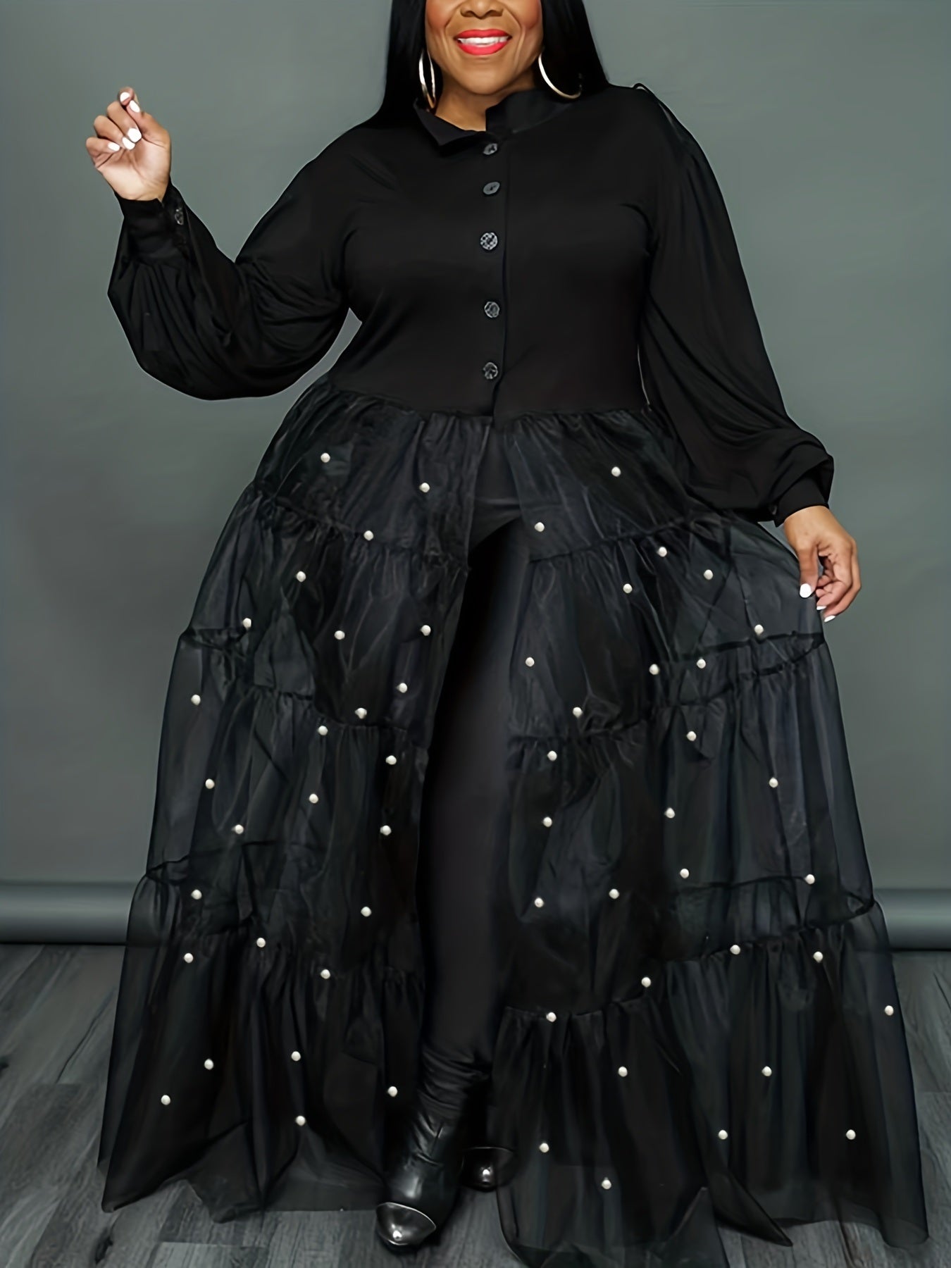 Plus Size High Split Rhinestone Decor Button Front Maxi Dress; Women's Plus Elegant Slight Stretch Long Dress