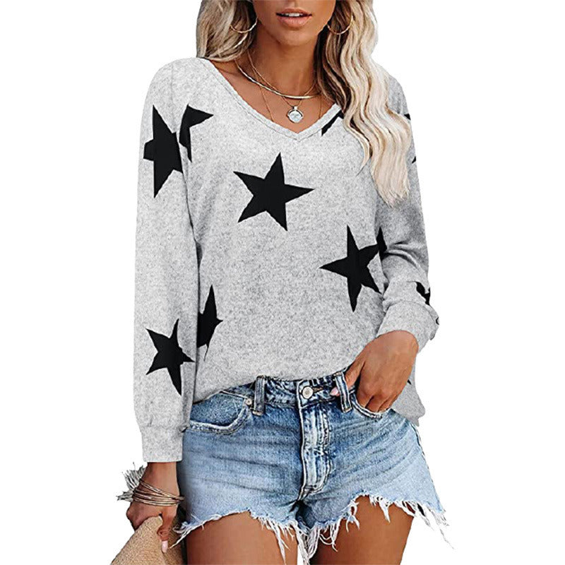 202 autumn and winter new women's tops fashion star printing V-neck long-sleeved t-shirt