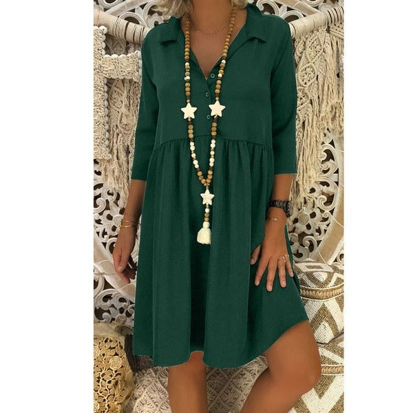 Best Selling Large Size Women's Seven-point Sleeve Deep V-neck Loose Casual Solid Color Dress