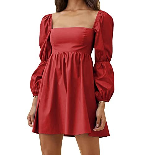 Womens Square Neck Dress Long Puff Sleeve A-Line Casual Short Mini Dress