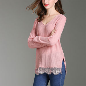 autumn and winter new women's round neck Lei Si stitching solid color sweater