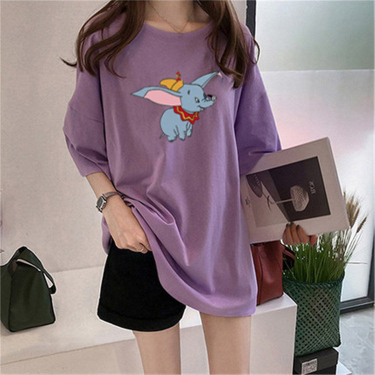 women's fashion new cartoon print long loose short-sleeved t-shirt