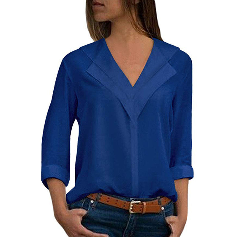 autumn fashion solid color V-neck long-sleeved chiffon shirt blouse