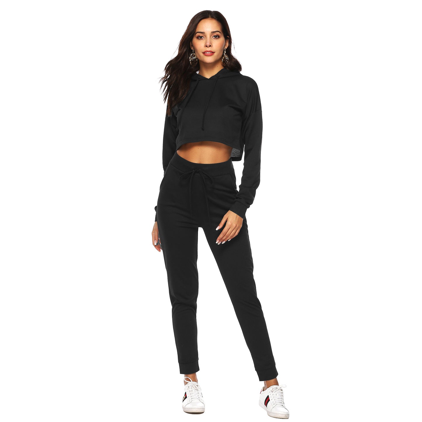 Autumn and Winter Suit Casual Sports Hooded Sweater Exposed Navel Two-piece Female