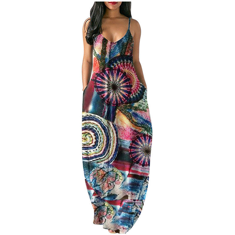 Summer New Plus Size Women's Fancy Print Sexy Deep V Sling Dress