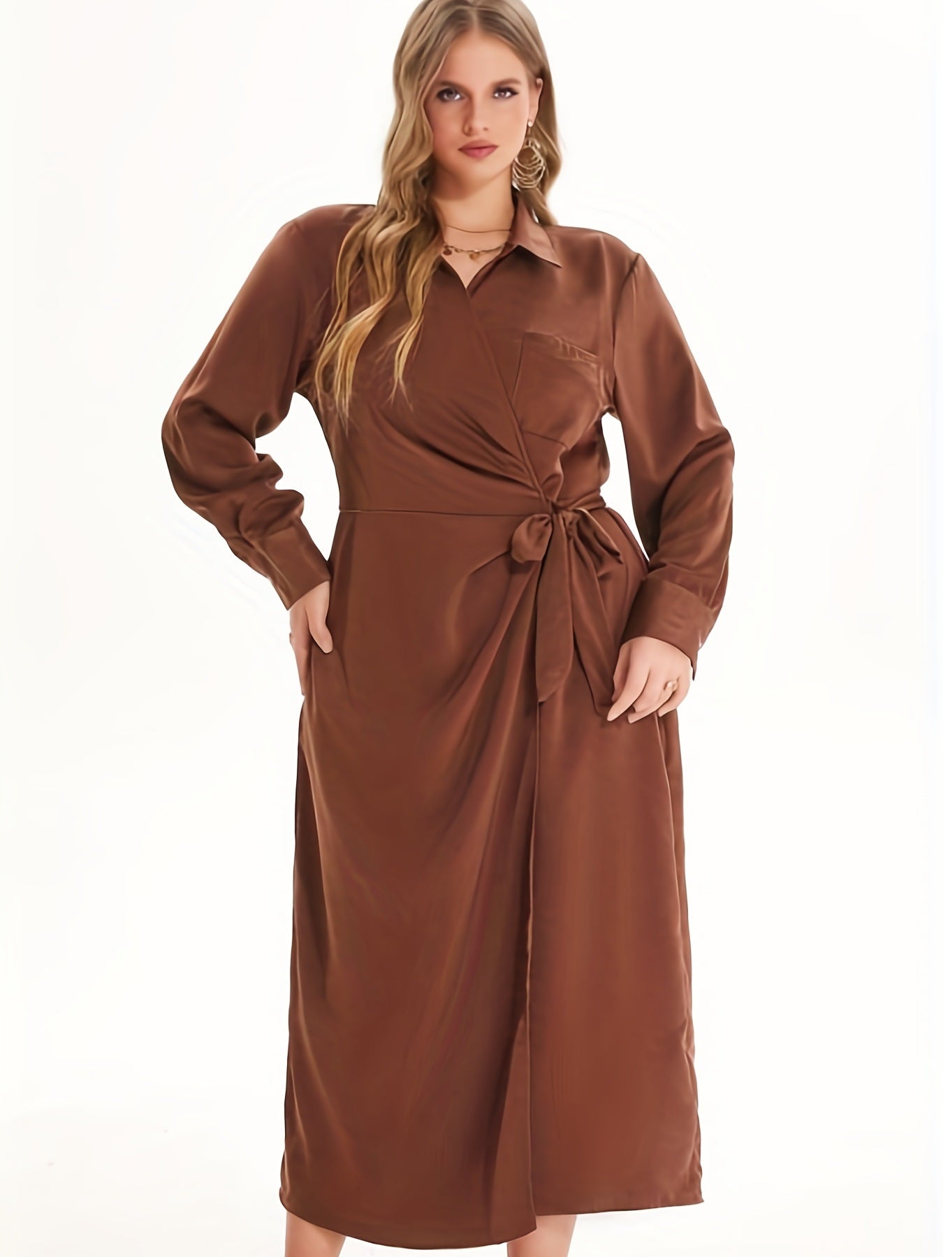 Plus Size Satin V Neck Long Sleeve Solid Wrap Maxi Dress With Belt; Women's Plus Elegant Medium Stretch Maxi Dress