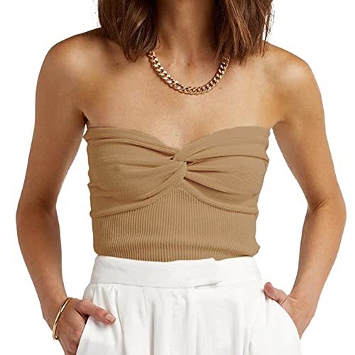 Womens Strapless Crop Top Sexy Sweetheart Neck Ribbed Knit Twisted Knot Front Sleeveless CamisoleTanks Top