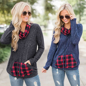 autumn and winter new European and American women's pile pile plaid stitching casual T-shirt sweater