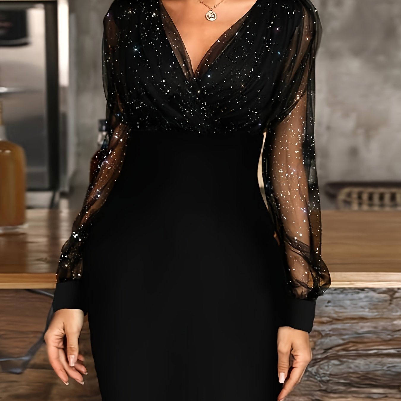 Solid Sequin Stitching Lace Long Sleeve Dress; Elegant Mesh Slim Sexy Party Dress; Women's Clothing