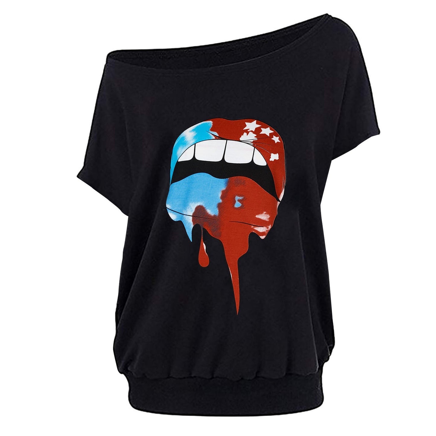 Fashion women's lips printed T-shirt strapless sexy short-sleeved T-shirt tops