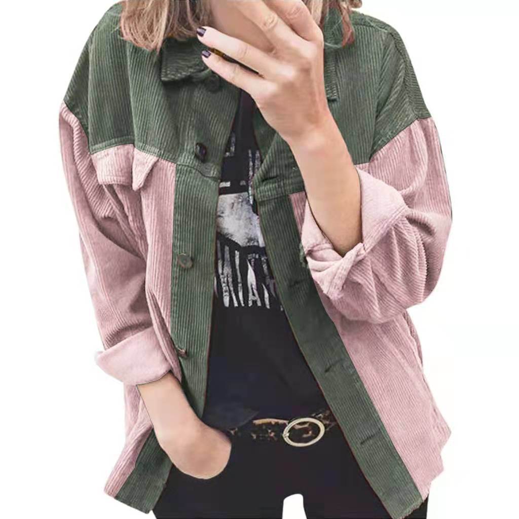 Women's Fall/Winter Corduroy Cardigan Jacket Long Sleeve Lapel Loose Splicing Shirt