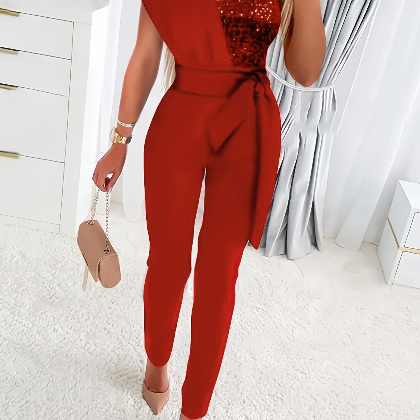 Sequin One Shoulder Jumpsuit; Party Solid Tie Waist Long Length Slim Jumpsuit