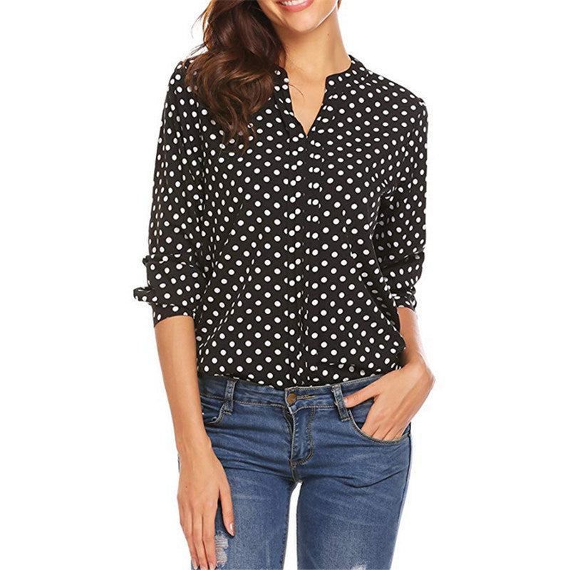 Europe and The United States Dot Print V-neck Long-sleeved Sleeves Loose Ladies Chiffon Shirt Women