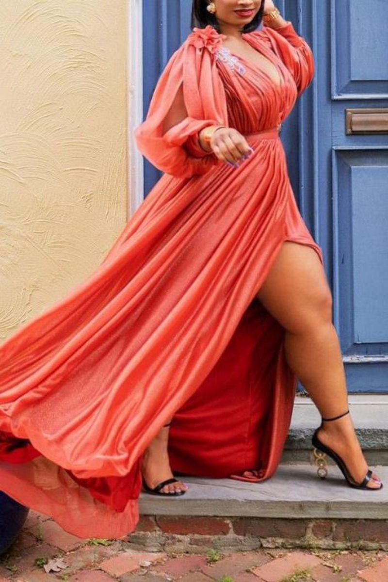 Spring Summer Plus Size Satin Slit Evening Dress Women Sexy V Neck Trailing Skirt Flower Lantern Sleeve Folds Wedding Bridesmaid