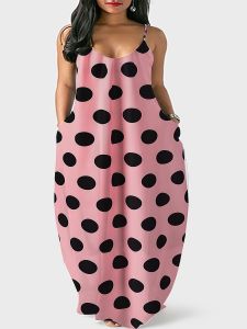 Plus Size Casual Dress; Women's Plus Dot Print V Neck Cami Maxi Dress With Pockets