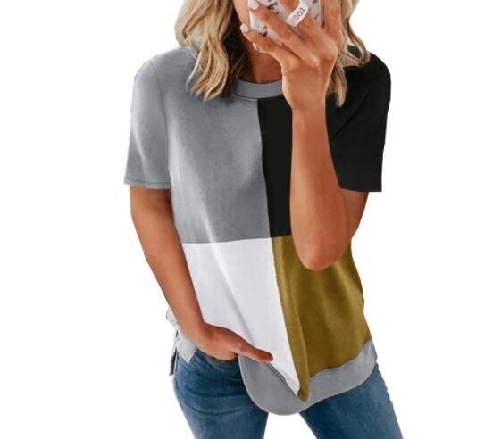 Color Block Short Sleeve T Shirt Round Neck Tunic