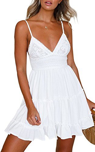 Womens V-Neck Spaghetti Strap Bowknot Backless Sleeveless Lace Mini Swing Skater Dress