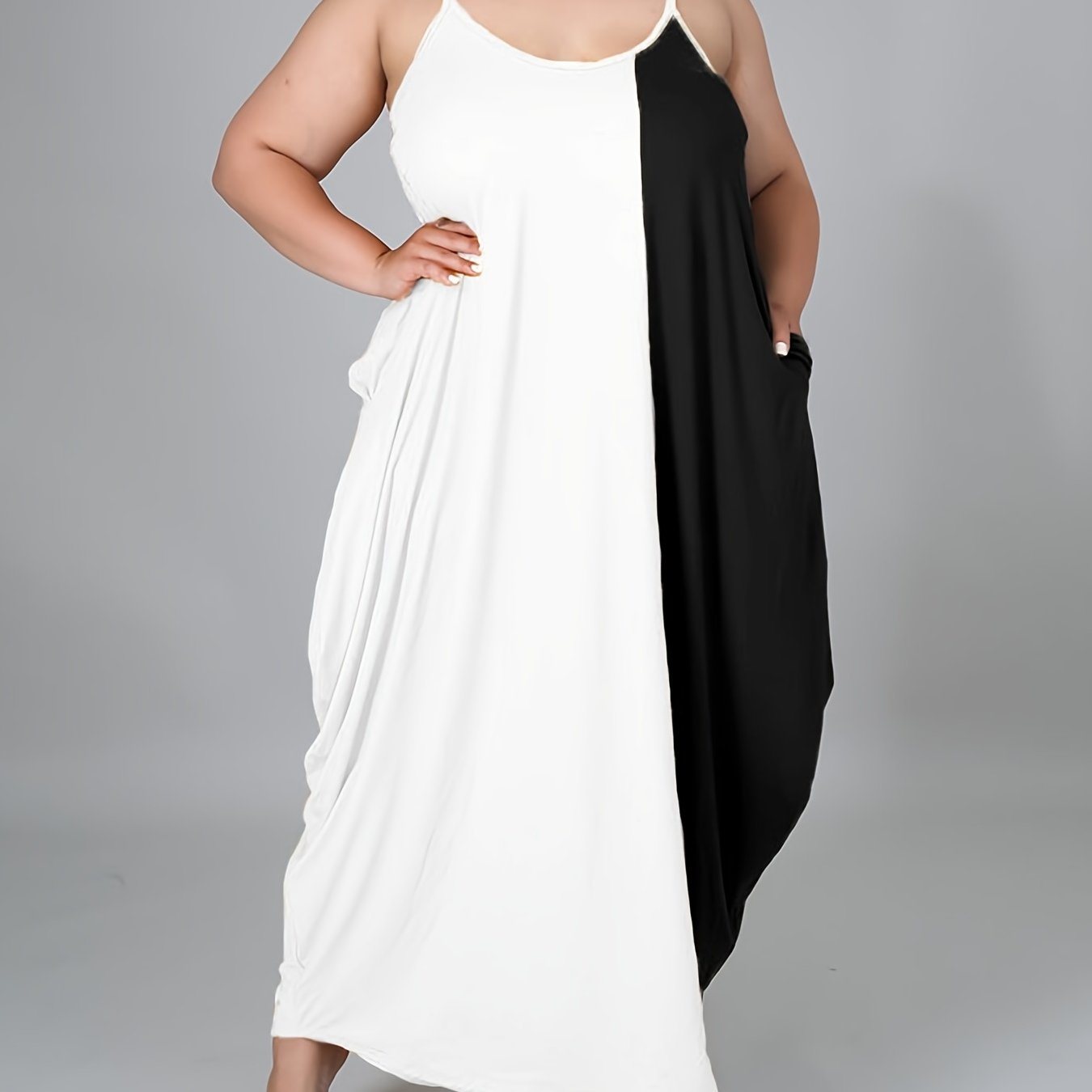 Size Colorblock Cami Maxi Dress With Pockets; Women's High Stretch Casual Long Dress