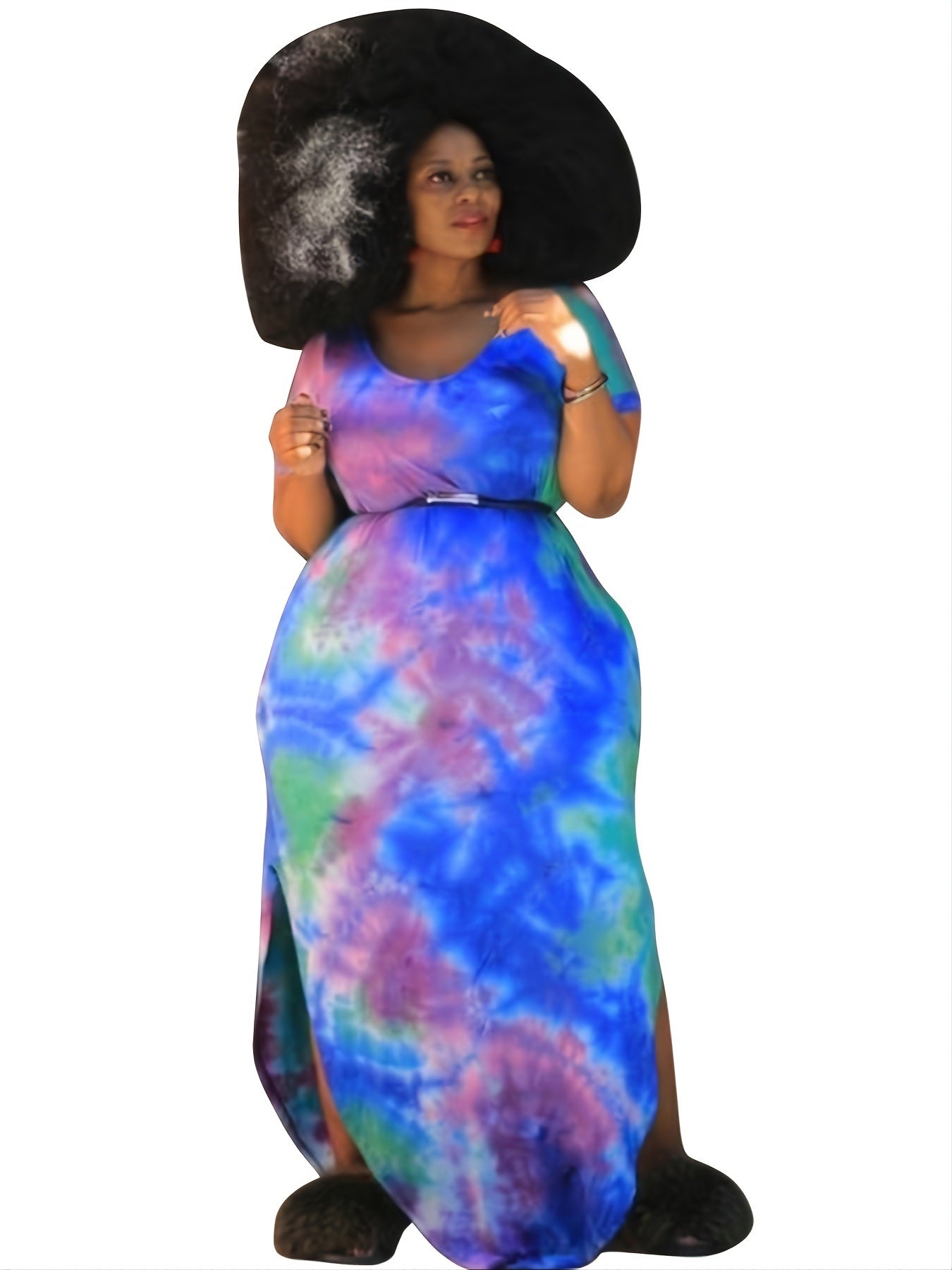 Plus Size Tie Dye Round Neck Loose Fit Maxi Dress; Women's Plus High Stretch Elegant Long Dress