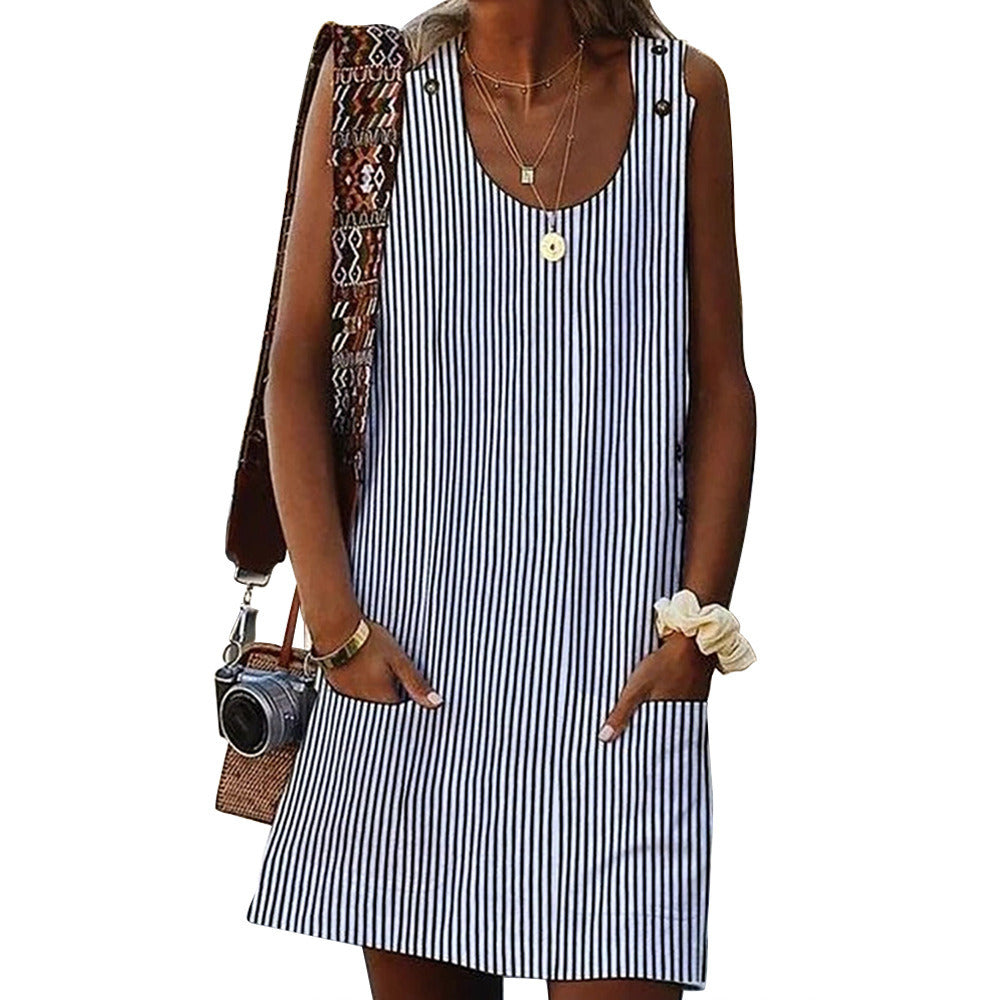 Women's New Summer Sleeveless Striped Button Pocket Dress